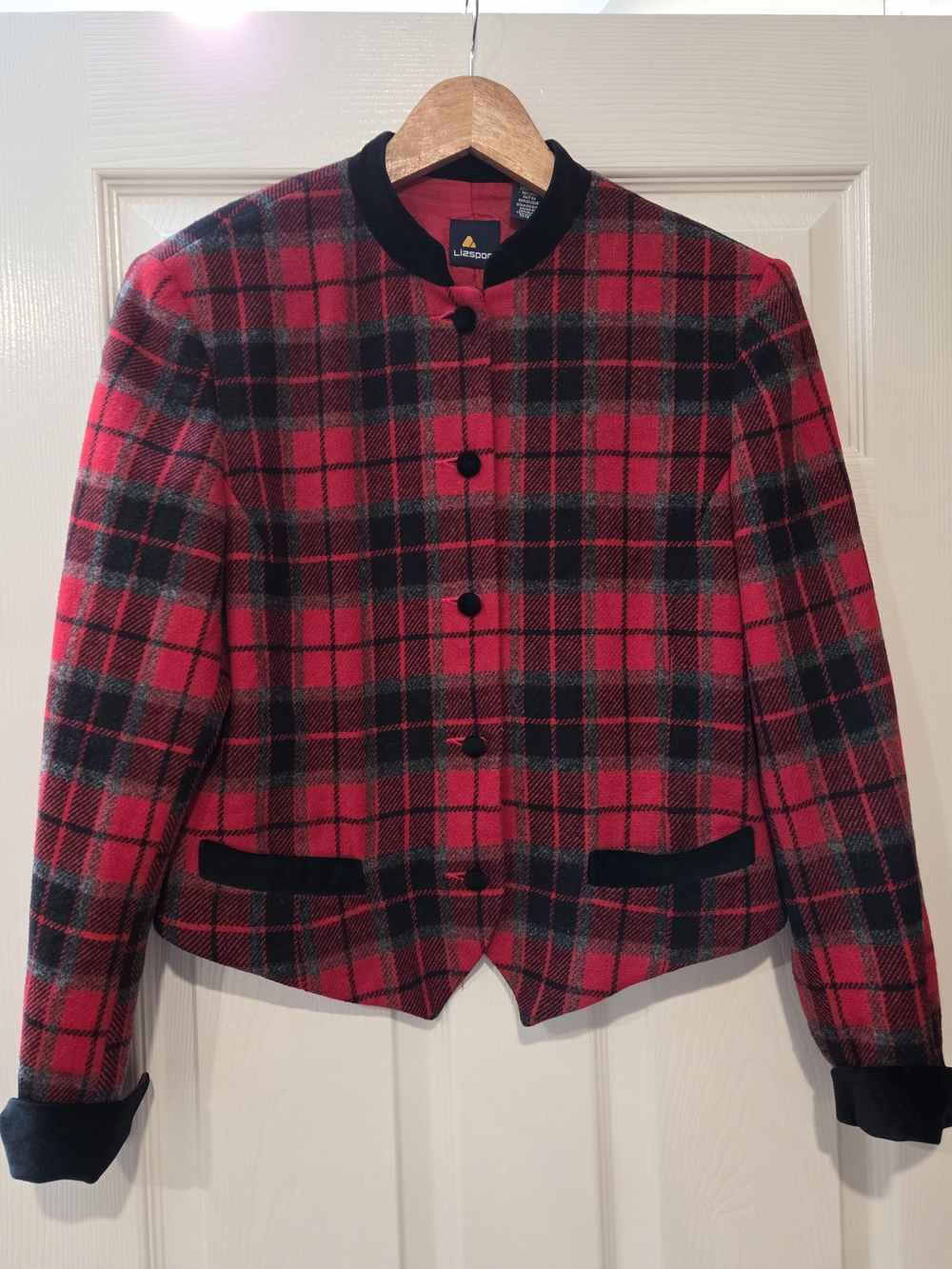 Vintage Lizsport Red Tartan Plaid Wool Velvet Jacket Size 6